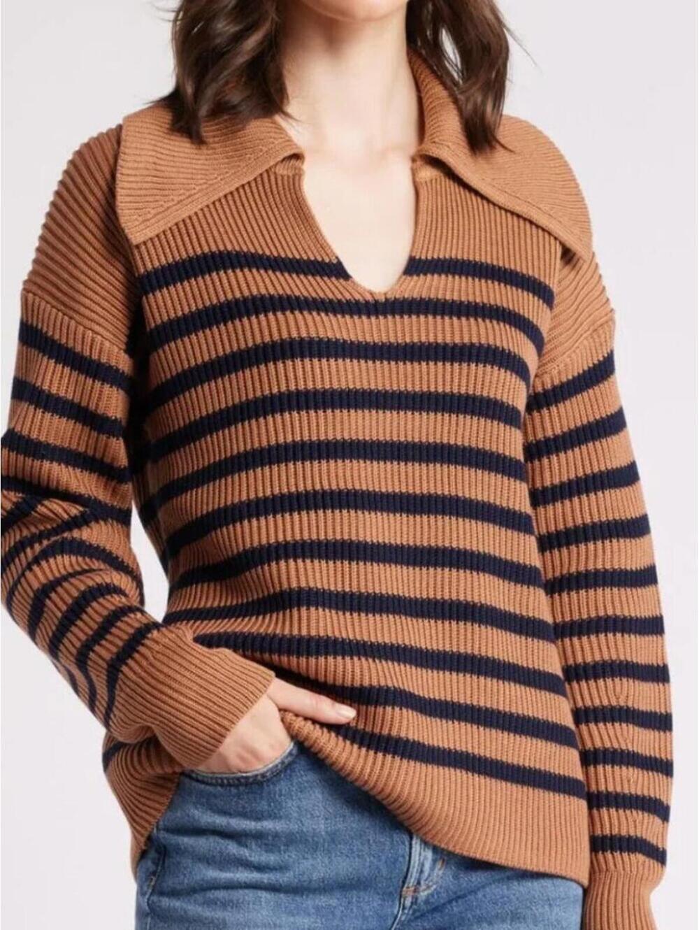 Nordstrom Stripe Long Sleeve Rib 100% Cotton Oversized Knit Sweater XS $149